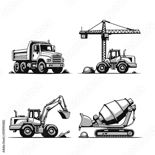 Heavy construction equipment and vehicles vector silhouette set Black and white detailed drawings of dump truck crane excavator and cement mixer