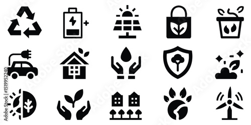 Real estate and eco icons pack with home, shield, tree, and sustainability symbols in black
