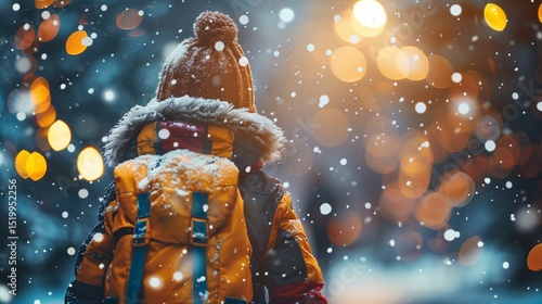 Little school kid boy of elementary class walking to school during snowfall on early dark morning. Happy healthy child having fun and playing with snow. Schoolkid in colorful winter clothes.