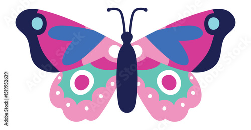 Brightly colored butterfly with open wings displays an intricate pattern of pink, blue, green, and white, creating a visually appealing design
