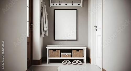 Interior Entryway Featuring Blank Picture Frame above Bench near Coat Rack and Open Door with Natural Light