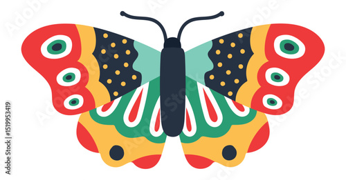 Vibrant butterfly with colorful wings featuring a symmetrical design and decorative patterns, representing beauty, nature, and entomology