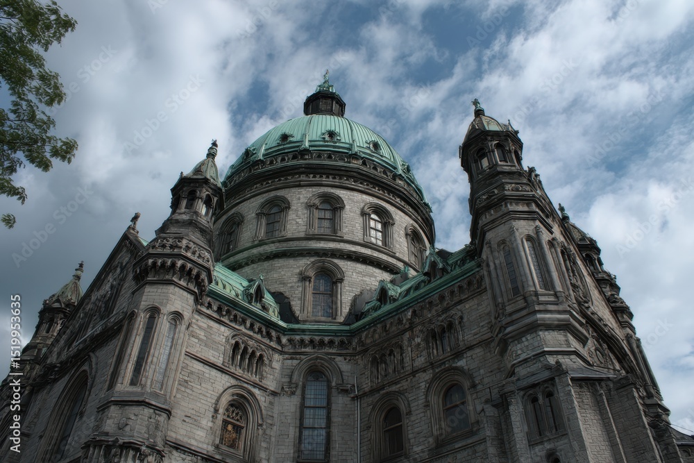 Majestic view of church rooftop, large dome, ornamental gothic structure Majestic view of church rooftop, large dome, ornamental gothic structure