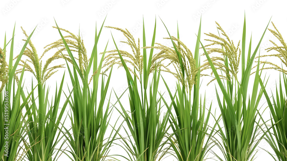 Obraz premium A row of rice plants, slender green blades with grain heads, isolated on transparent background