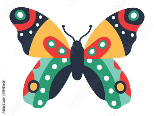 Brightly colored butterfly with open wings showcases a striking design of geometric shapes and patterns, blending nature's beauty with artistic flair