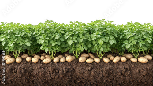 A row of potato plants, bushy green foliage above ground with potatoes exposed