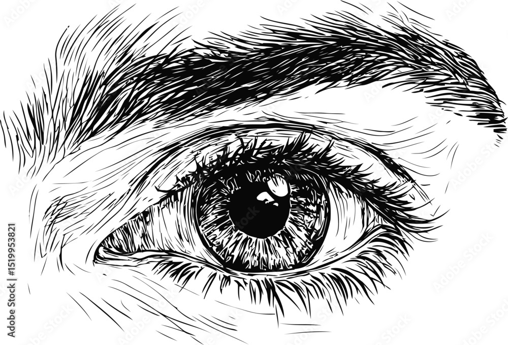 Obraz premium Close up Eye Sketch in Intricate Black Ink Style, Black and White Eye Drawing with Intricate Details