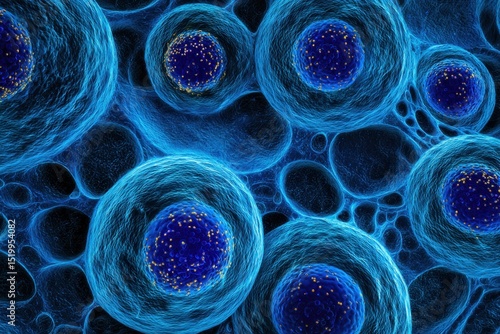 Microscopic View of Cells With Nuclei in Blue