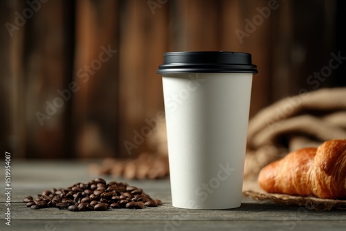 Aromatic Coffee Beans with Croissant and Cup on Table