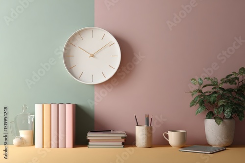 Simple Interior Decor Clock Bookshelf Plant Desk Background