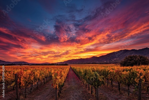 Vineyard Landscape with Setting Sun and Colorful Sky