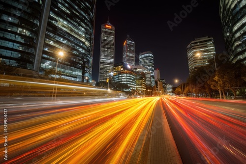 City at Night with Light Trails and Buildings