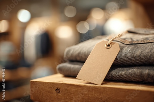 Stack of Clothes with Empty Tag in Shop
