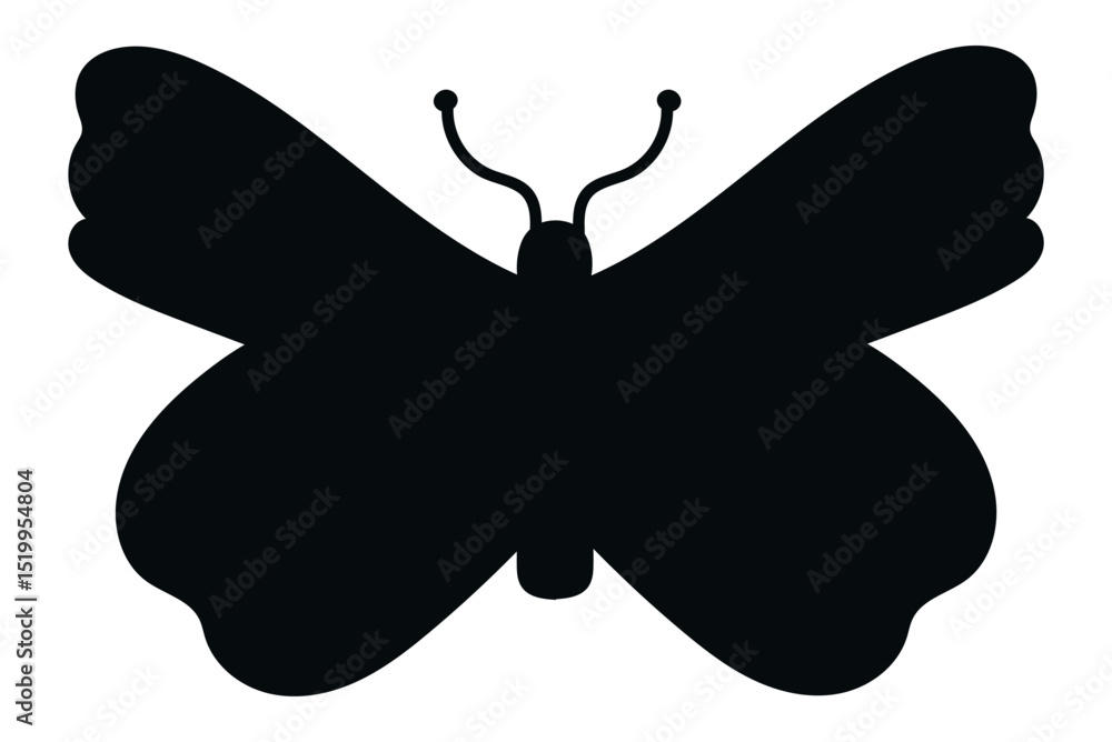 Black silhouette of a butterfly with spread wings and antennae showing, isolated on a white background, representing concepts of nature, beauty, and transformation Black silhouette of a butterfly with spread wings and antennae showing, isolated on a white background, representing concepts of nature, beauty, and transformation