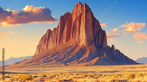 Exploring Shiprock Formation Monumental Landscape at Sunset with Golden Desert