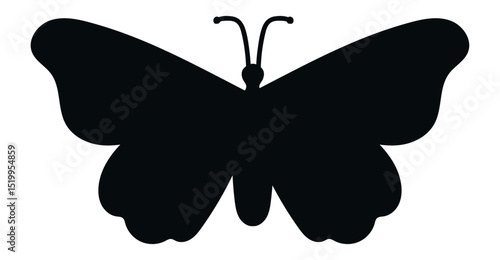 Simple black and white butterfly silhouette with open wings and antennae showing, isolated on a white background, representing nature, beauty, and transformation