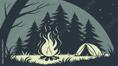 Camping in the woods with campfire and tent under the stars vector illustration for nature lovers
