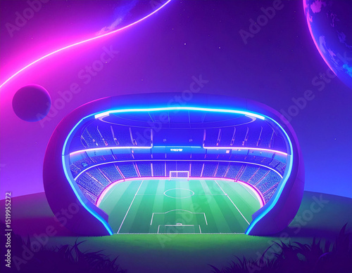 Neon football stadium in space. An imaginary dream stadium