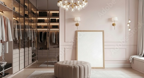 Luxurious Pink Walk In Closet Interior with Full Length Mirror Ottoman and Soft Lighting