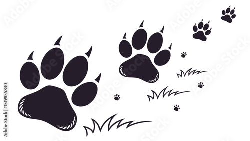 Black paw print trail vector illustration, animal footprint with claws on white background, wildlife concept
