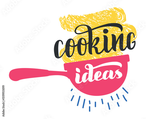 Handwritten lettering displaying cooking ideas alongside steaming food resting on a colander, creating a vibrant concept for a culinary blog, recipe book, or food festival