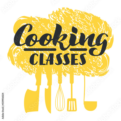 Cooking classes logo features stylized lettering with kitchen tools like cleaver. Knife. Whisk. Spatula. And ladle hanging from a yellow background. Promoting culinary education and skill development