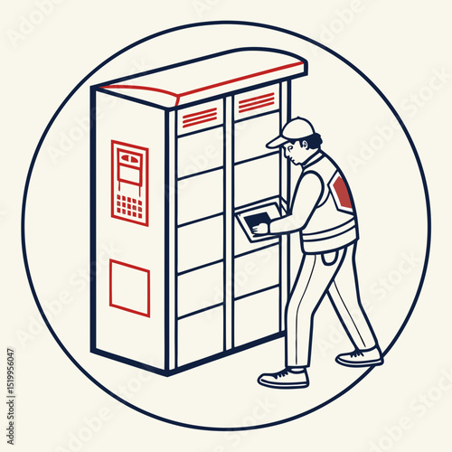 Delivery Person Using Tablet at Automated Parcel Locker in Circular Design