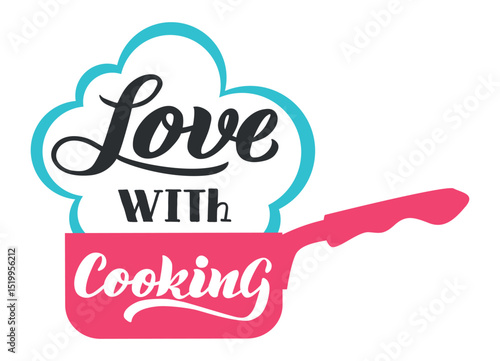 Steam forming a heart shape with the words love with inside it, over a pink pan with the word cooking written on it, forming a concept about the love for cooking