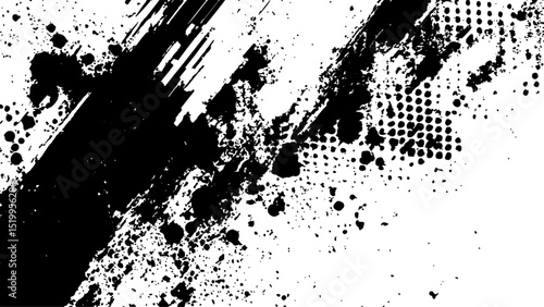 Halftone dots modern grunge texture black grunge brush stroke white background. Black Ink splatter brush stroke on white halftone dots abstract background	