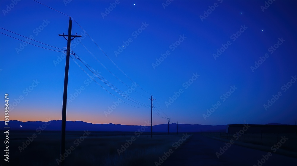 Obraz premium Glowing power lines against a deep blue sky, abstract energy infrastructure with dramatic contrast lighting, symbolizing modern urban vitality.