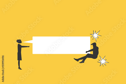 Angry woman boss show power shout at scared subordinate. Psychological pressure. Vector illustration