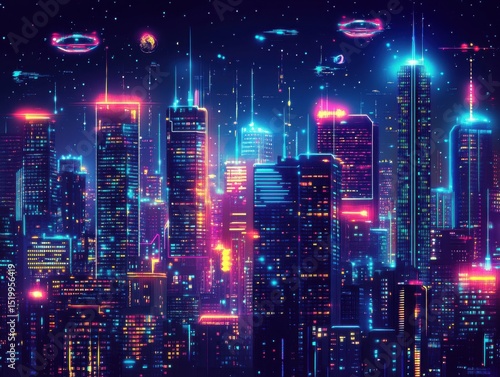 Wallpaper Mural Neon Cityscape at Night with Futuristic Flying Vehicles Torontodigital.ca