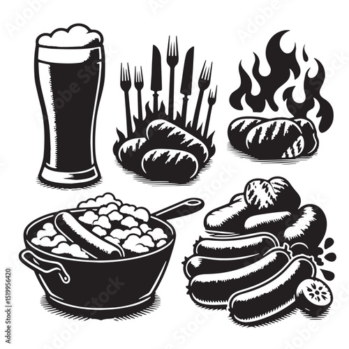 Black Bangers and Mash Silhouette Vector, High Quality Illustration on White Background