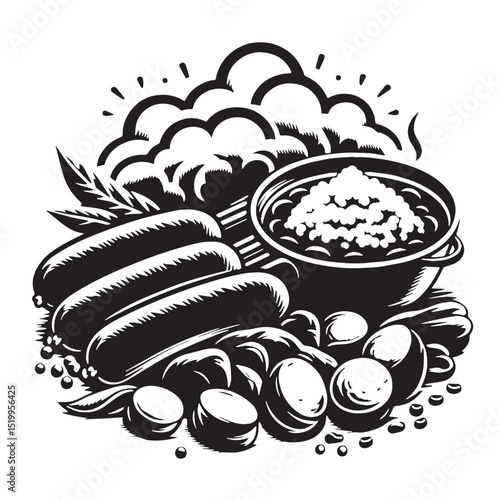 Black Bangers and Mash Silhouette Vector, High Quality Illustration on White Background