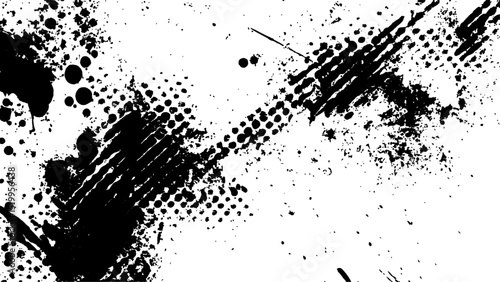 Halftone dots modern grunge texture black grunge brush stroke white background. Black Ink splatter brush stroke on white halftone dots abstract background	