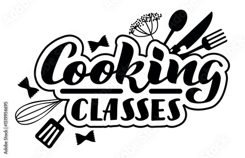 Cooking classes logo featuring stylized lettering surrounded by kitchen tools like whisk, spatula, fork, knife, spoon, farfalle pasta and dill, promoting culinary education and skill development