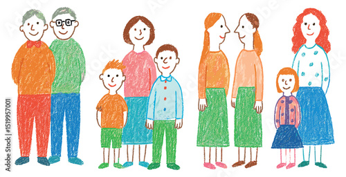 Family with Children and Relative in Crayon Style