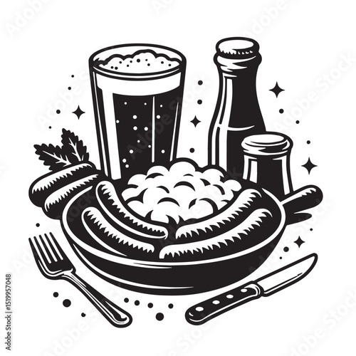 Black Bangers and Mash Silhouette Vector, High Quality Illustration on White Background