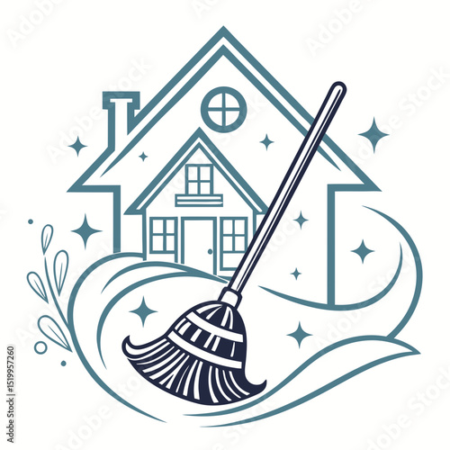 House Cleaning Service Logo with Broom and Sparkling Home Illustration