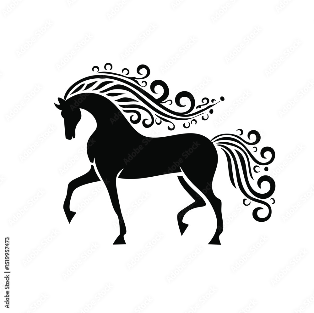 Elegant black horse with ornate mane and tail Elegant black horse with ornate mane and tail