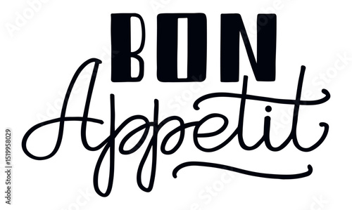Hand drawn bon appetit lettering is expressing good appetite wishes in french, perfect for restaurant menus, kitchen decor, or culinary projects