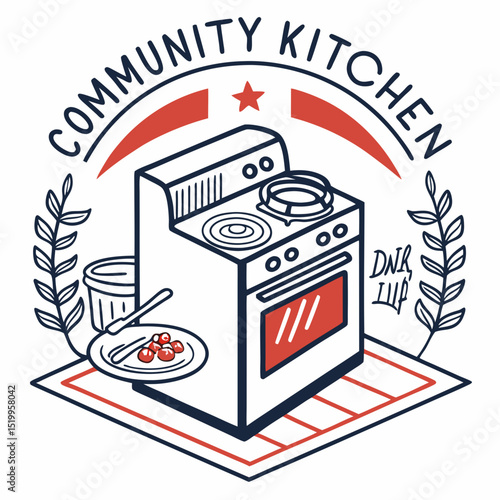 Community Kitchen Illustration with Stove Food and Decorative Elements