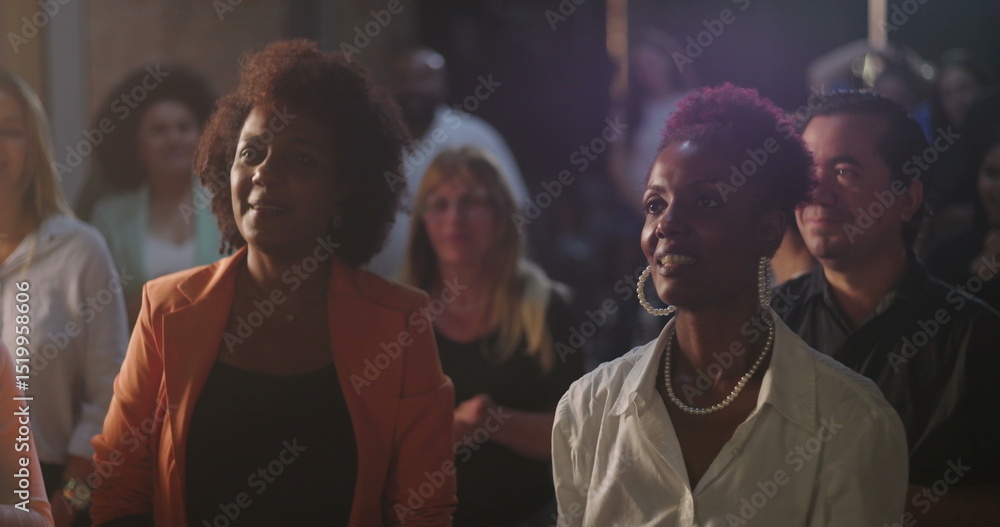 Fototapeta premium Group of women smiling and standing in worship, diverse congregation expressing faith and joy, Christian spirituality in a church environment, community unity and praise
