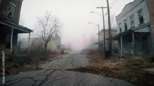 Abandoned town street shrouded in thick fog during early morning  