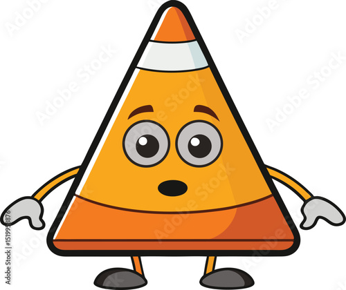 Funny cartoon traffic cone character with cute eyes, gloves, and shoes in a safety-themed vector illustration. Ideal for signage, kids content, or educational design. Bright and playful art style.