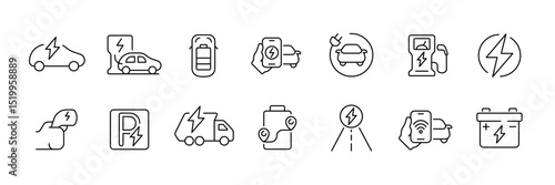 Electric vehicle icon set for charging and eco-friendly transport designs