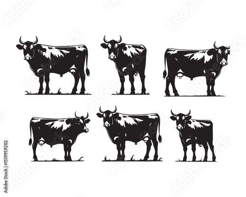 Detailed black and white illustrations of cows in various poses offer a versatile resource for your farming and agriculture projects.