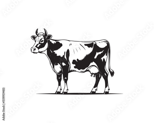 A striking black and white vector illustration depicts a side profile of a cow against a clean white background.
