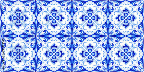 Vector decorative pattern blue and white design with frame or border. Baroque Vector mosaic. Traced watercolo. Capri Majolica	
