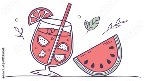 Watermelon cocktail illustration summer drink fresh juice with straw and slice of orange vector graphic design
